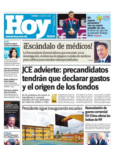 Portada Periódico Hoy, Viernes 02 de Agosto, 2019