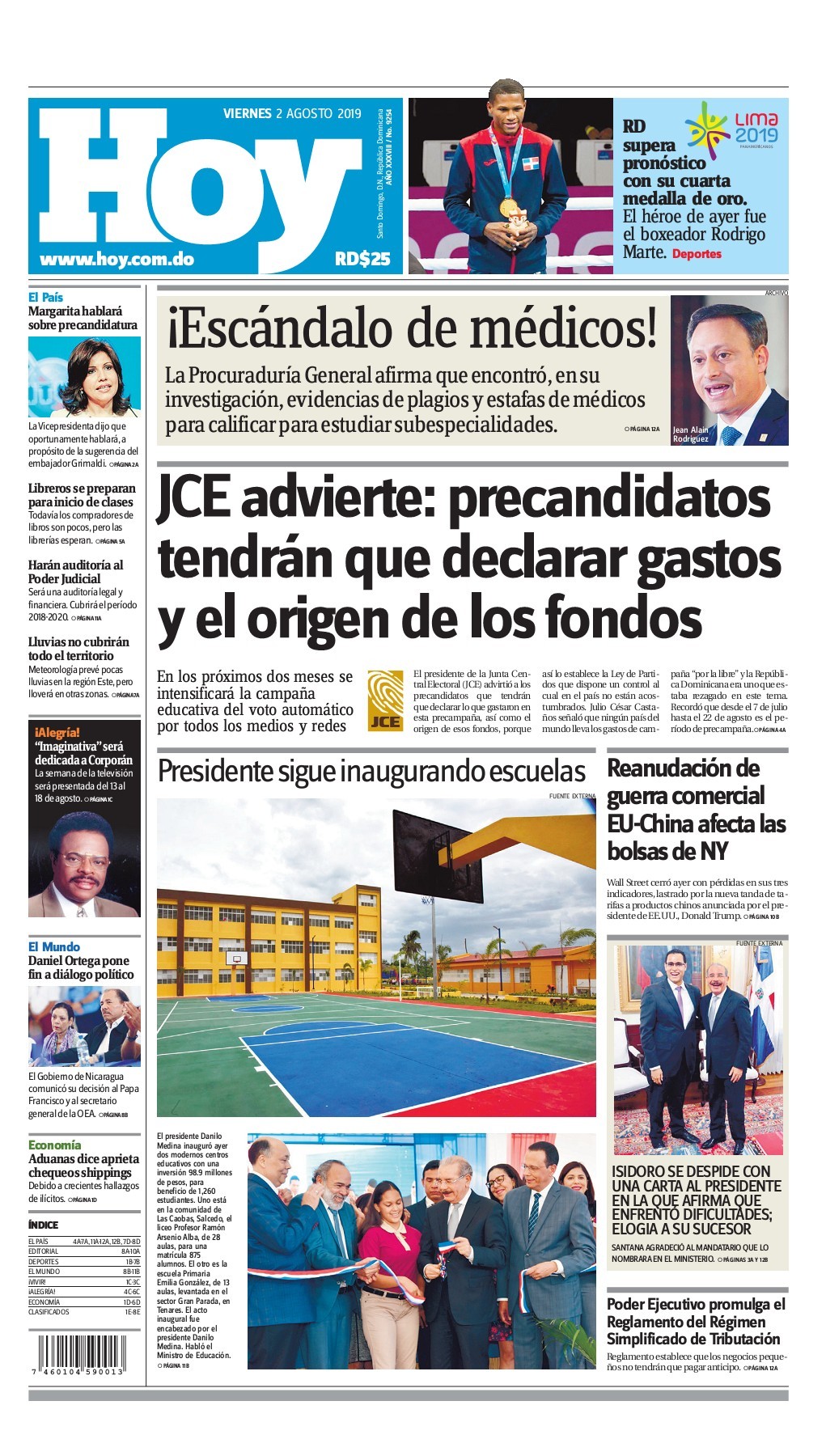Portada Periódico Hoy, Viernes 02 de Agosto, 2019
