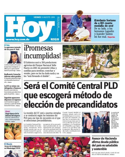 Portada Periódico Hoy, Viernes 09 de Agosto, 2019