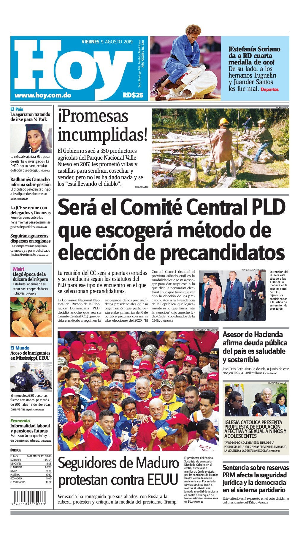 Portada Periódico Hoy, Viernes 09 de Agosto, 2019