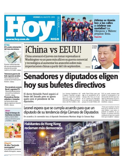 Portada Periódico Hoy, Viernes 16 de Agosto, 2019