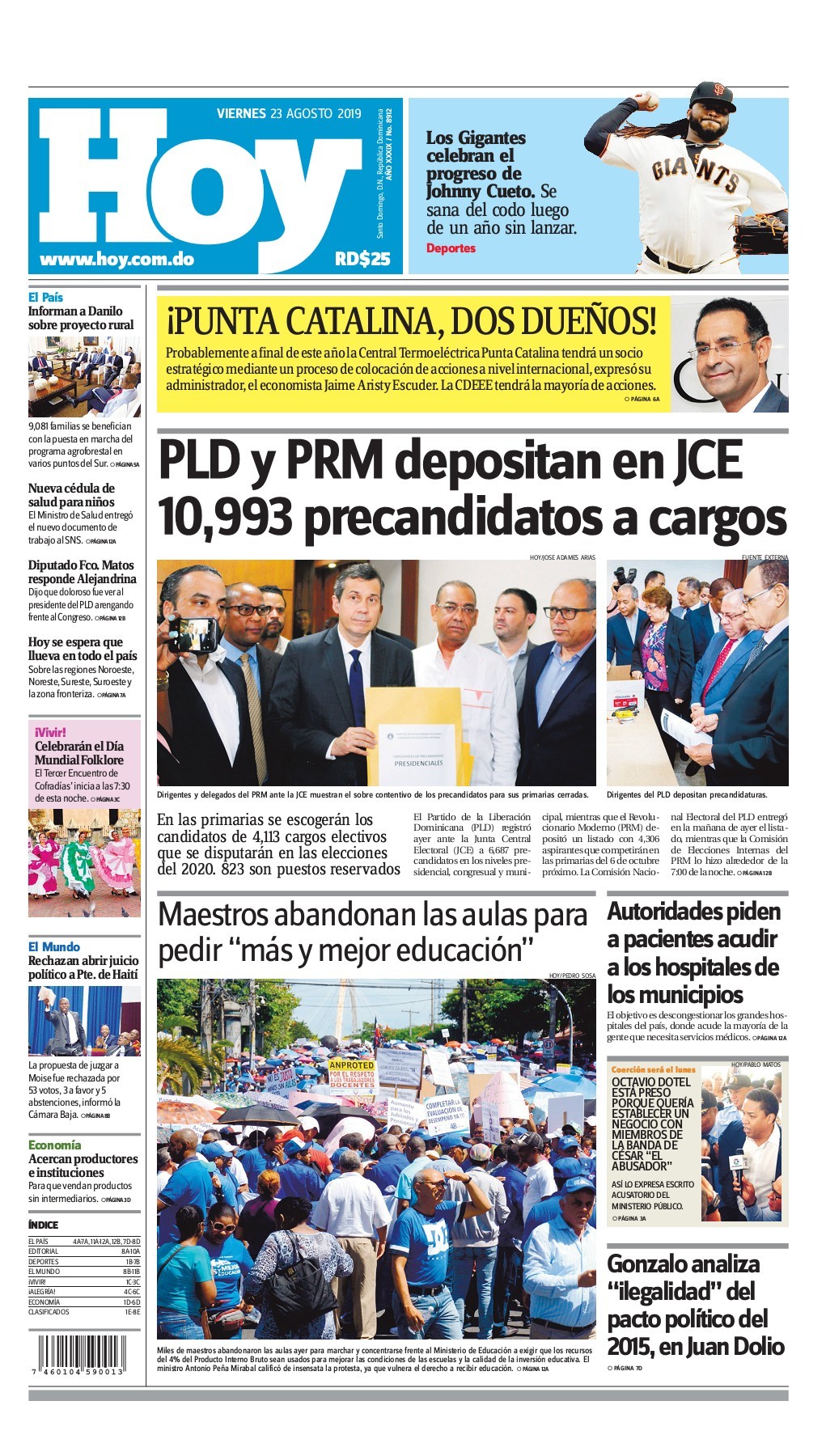 Portada Periódico Hoy, Viernes 23 de Agosto, 2019