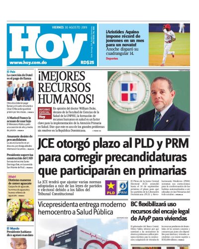 Portada Periódico Hoy, Viernes 30 de Agosto, 2019