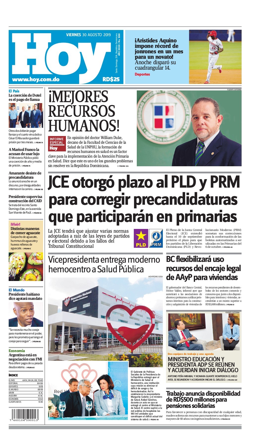 Portada Periódico Hoy, Viernes 30 de Agosto, 2019