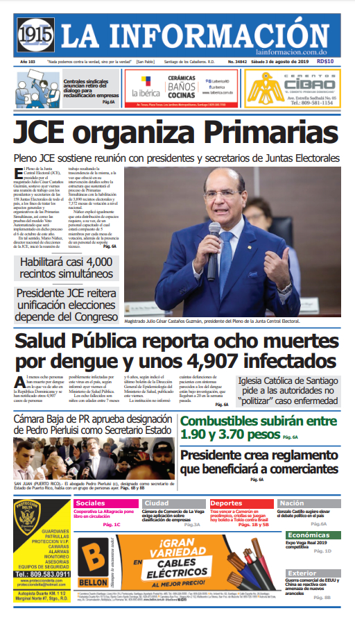Portada Periódico La Información, Domingo 04 de Agosto, 2019