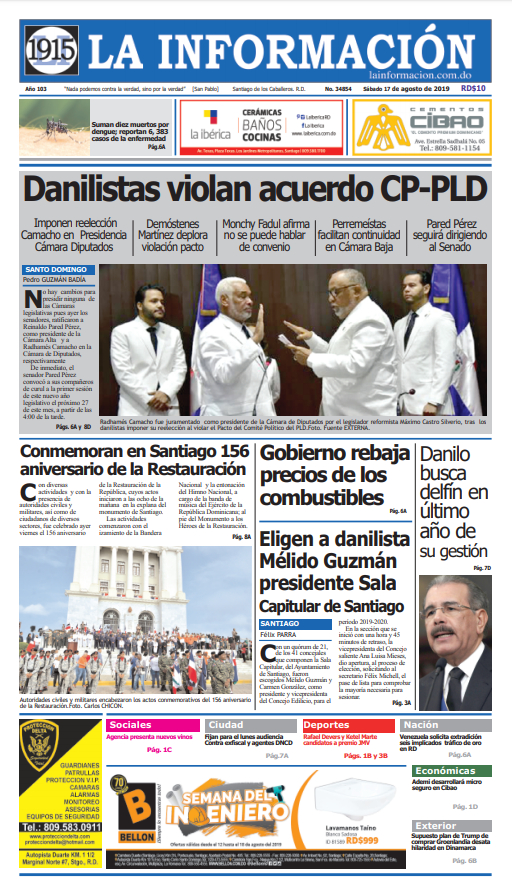 Portada Periódico La Información, Domingo 18 de Agosto, 2019