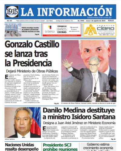 Portada Periódico La Información, Jueves 01 de Agosto, 2019