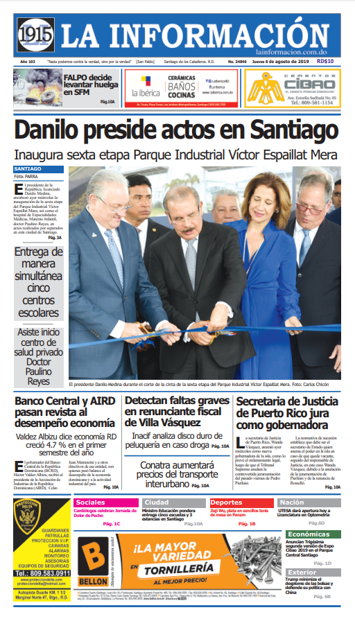 Portada Periódico La Información, Jueves 08 de Agosto, 2019
