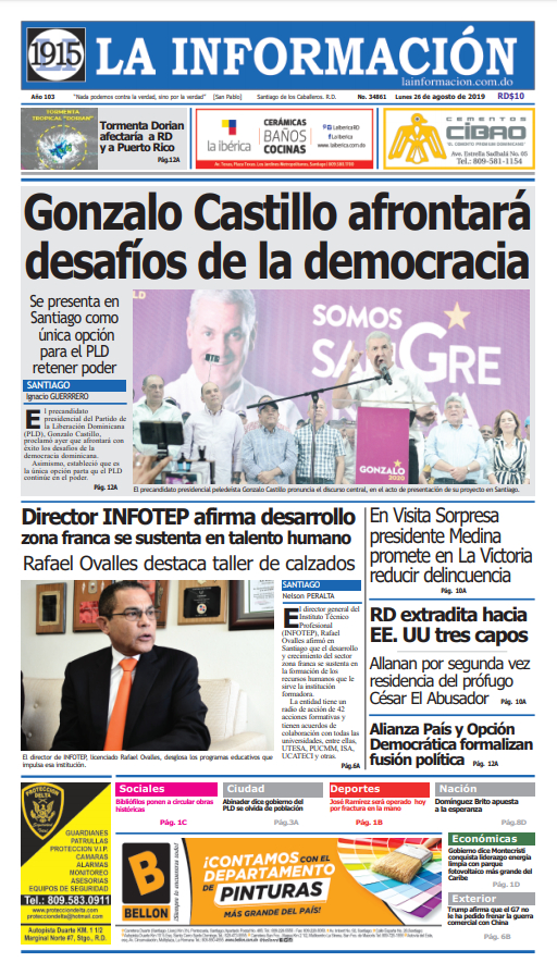 Portada Periódico La Información, Lunes 26 de Agosto, 2019