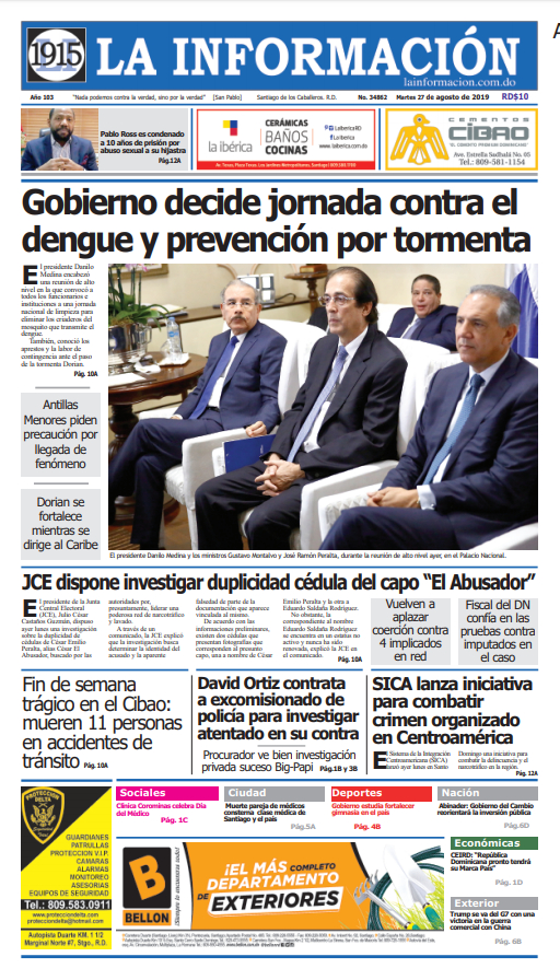Portada Periódico La Información, Martes 27 de Agosto, 2019