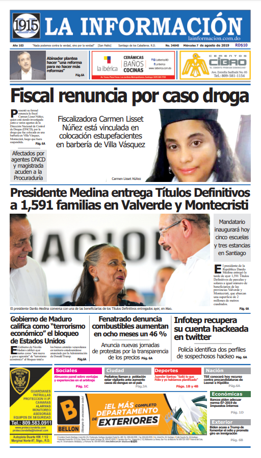 Portada Periódico La Información, Miércoles 07 de Agosto, 2019