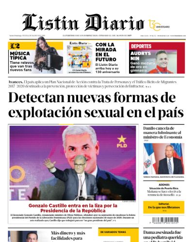 Portada Periódico Listín Diario, Jueves 01 de Agosto, 2019