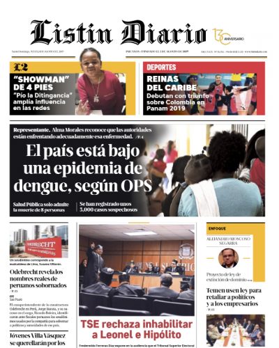 Portada Periódico Listín Diario, Jueves 08 de Agosto, 2019