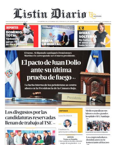 Portada Periódico Listín Diario, Jueves 15 de Agosto, 2019