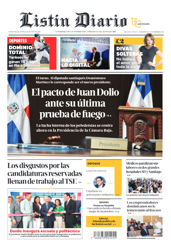 Portada Periódico Listín Diario, Jueves 15 de Agosto, 2019