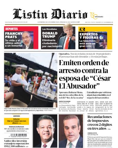 Portada Periódico Listín Diario, Jueves 22 de Agosto, 2019