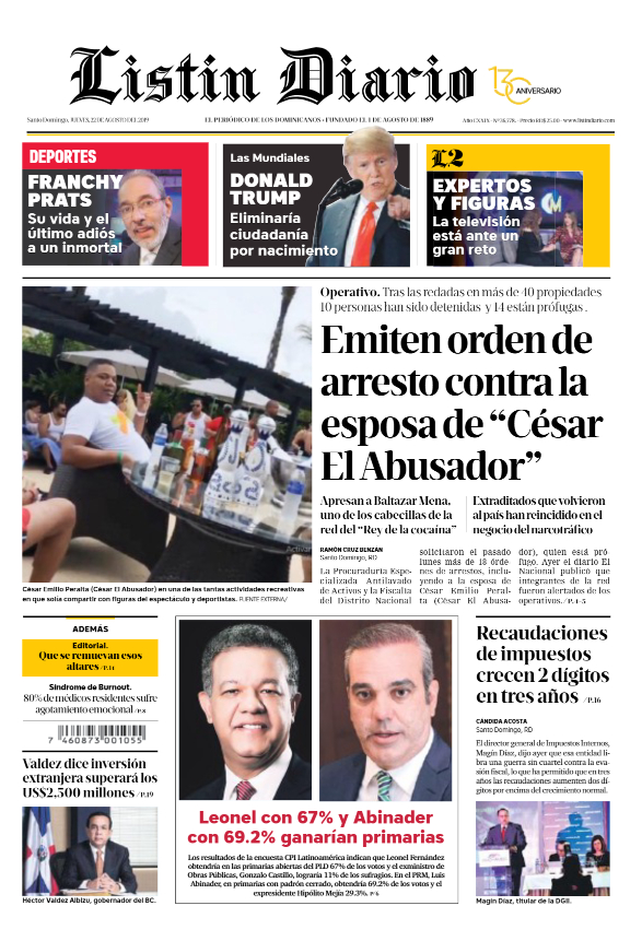 Portada Periódico Listín Diario, Jueves 22 de Agosto, 2019