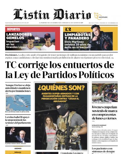 Portada Periódico Listín Diario, Jueves 29 de Agosto, 2019