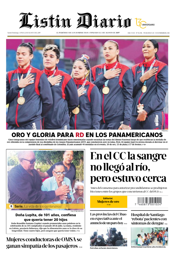 Portada Periódico Listín Diario, Lunes 12 de Agosto, 2019