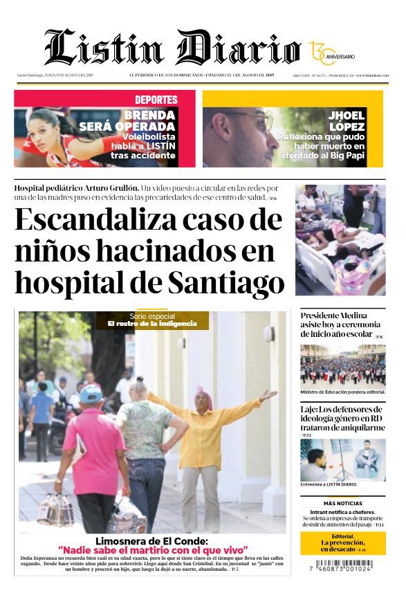 Portada Periódico Listín Diario, Lunes 19 de Agosto, 2019