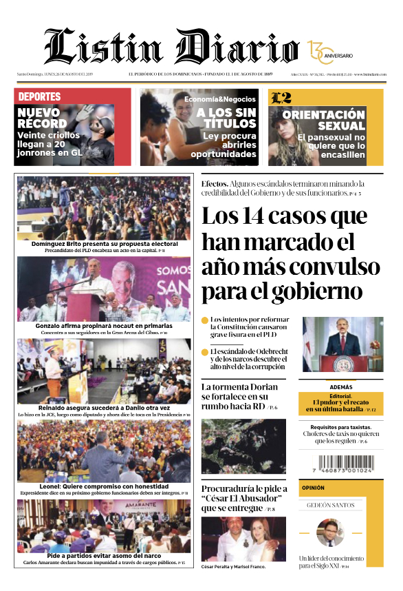 Portada Periódico Listín Diario, Lunes 26 de Agosto, 2019