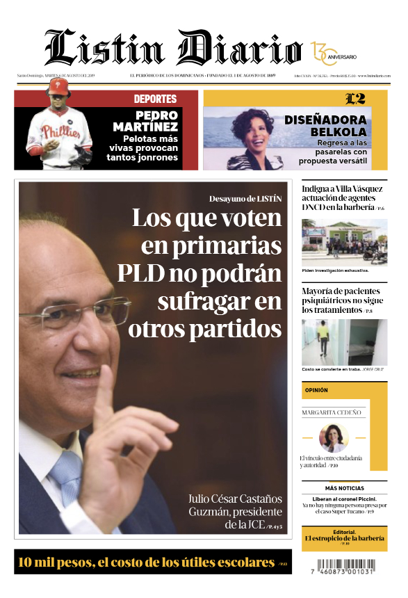 Portada Periódico Listín Diario, Martes 06 de Agosto, 2019