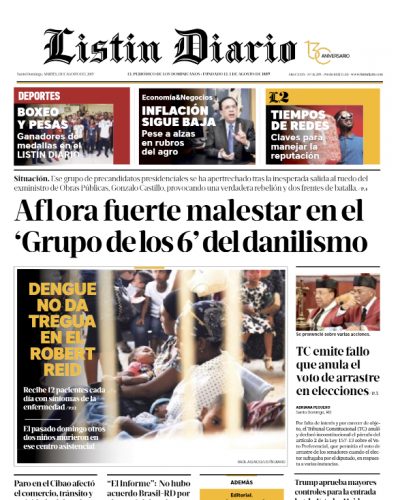 Portada Periódico Listín Diario, Martes 13 de Agosto, 2019