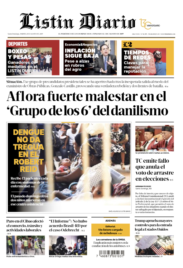 Portada Periódico Listín Diario, Martes 13 de Agosto, 2019