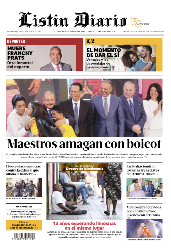 Portada Periódico Listín Diario, Martes 20 de Agosto, 2019