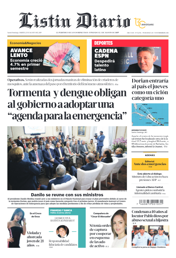 Portada Periódico Listín Diario, Martes 27 de Agosto, 2019