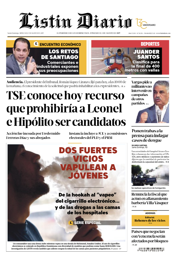 Portada Periódico Listín Diario, Miércoles 07 de Agosto, 2019