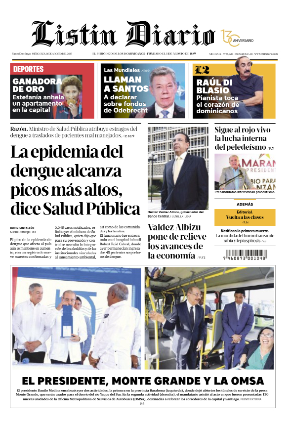 Portada Periódico Listín Diario, Miércoles 14 de Agosto, 2019