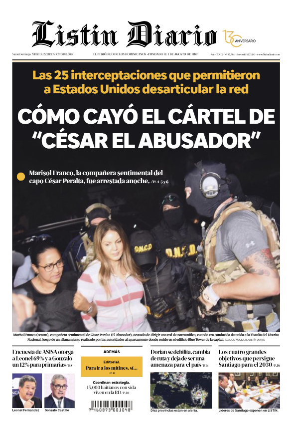 Portada Periódico Listín Diario, Miércoles 28 de Agosto, 2019