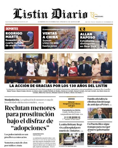 Portada Periódico Listín Diario, Viernes 02 de Agosto, 2019