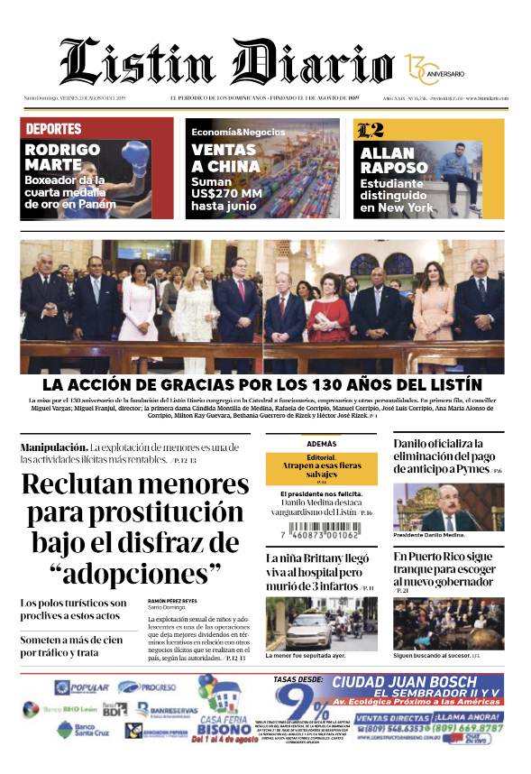 Portada Periódico Listín Diario, Viernes 02 de Agosto, 2019