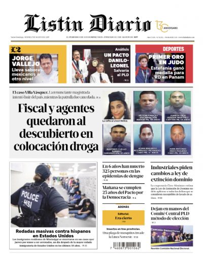 Portada Periódico Listín Diario, Viernes 09 de Agosto, 2019