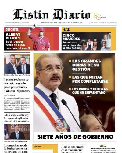 Portada Periódico Listín Diario, Viernes 16 de Agosto, 2019