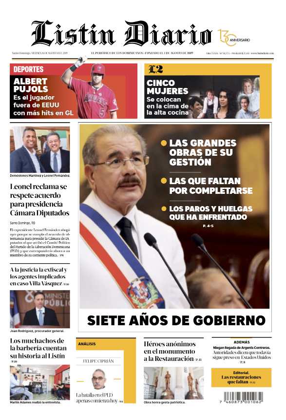 Portada Periódico Listín Diario, Viernes 16 de Agosto, 2019