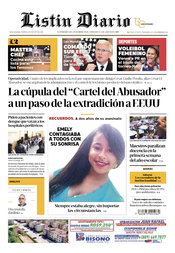 Portada Periódico Listín Diario, Viernes 23 de Agosto, 2019