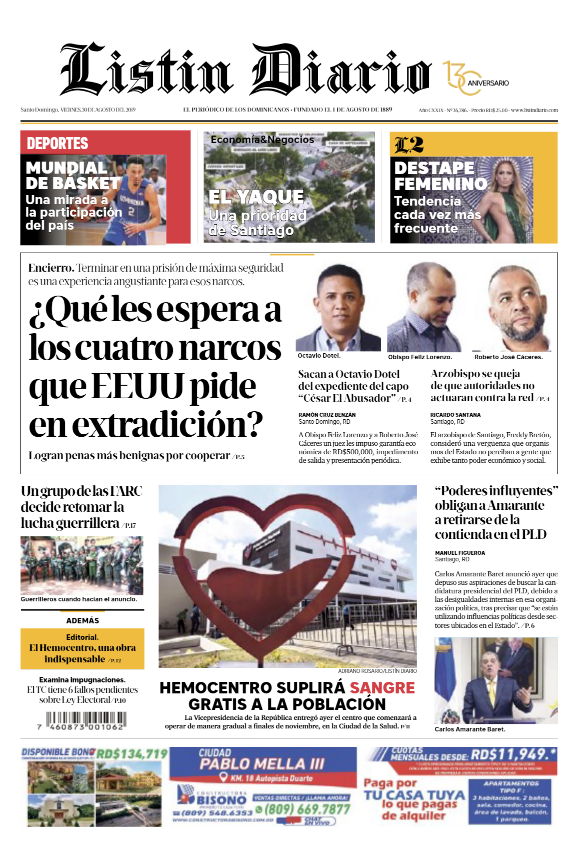 Portada Periódico Listín Diario, Viernes 30 de Agosto, 2019