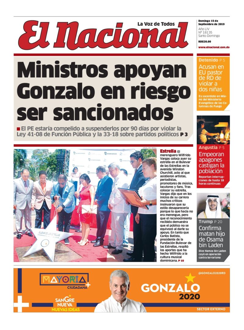Portada Periódico Diario Libre, Domingo 15 de Septiembre, 2019