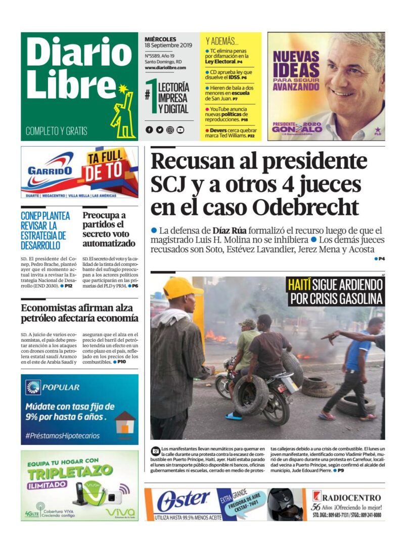 Portada Periódico Diario Libre, Miércoles 18 de Septiembre, 2019