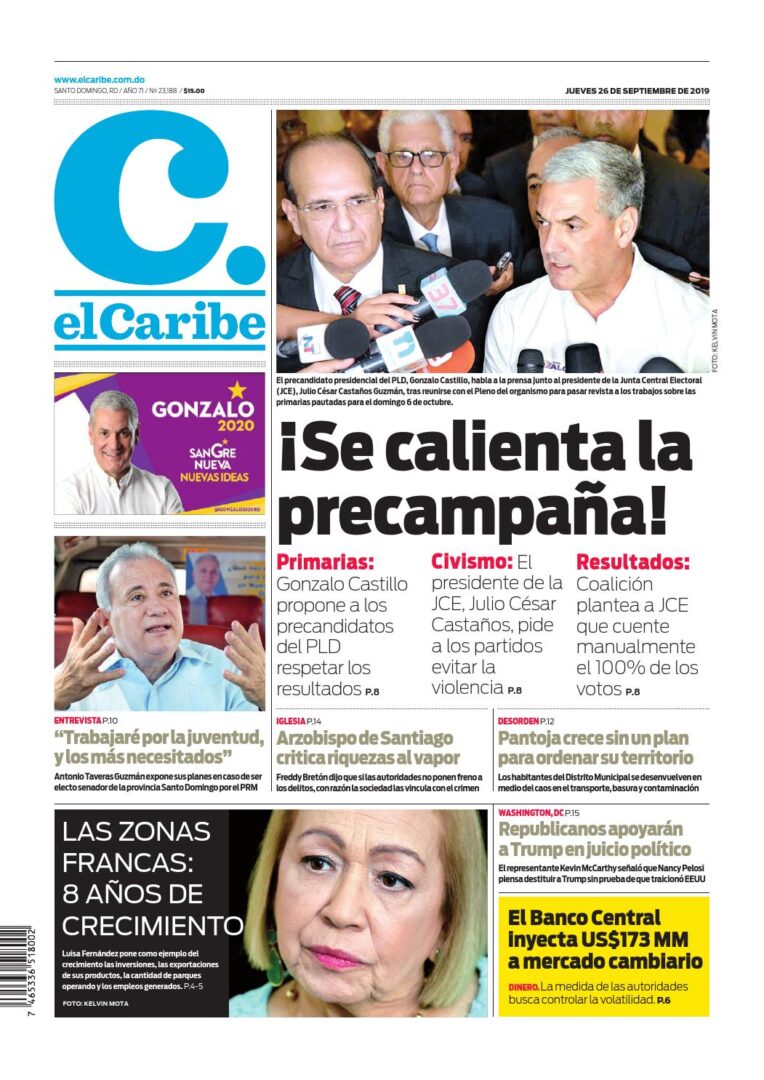 Portada Periódico El Caribe, Jueves 26 de Septiembre, 2019
