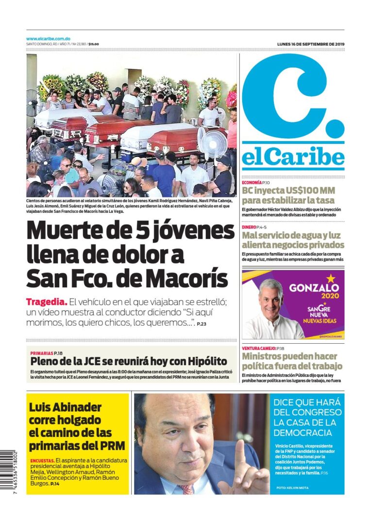 Portada Periódico El Caribe, Lunes 16 de Septiembre, 2019