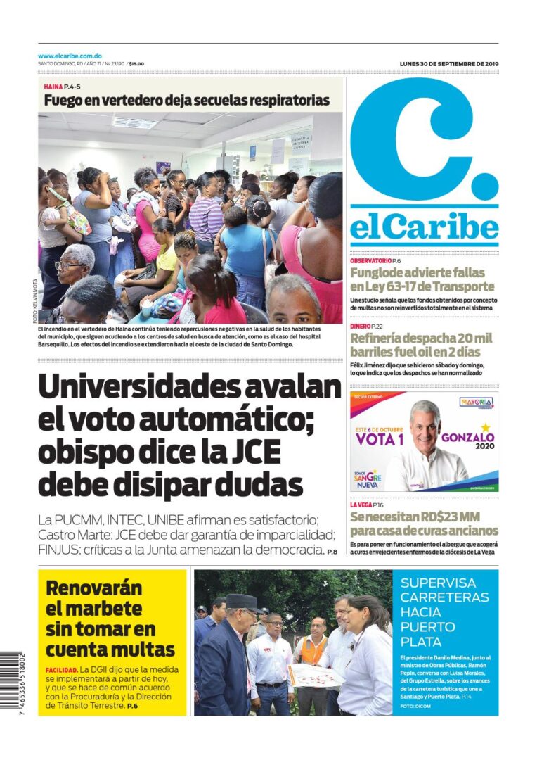 Portada Periódico El Caribe, Lunes 30 de Septiembre, 2019