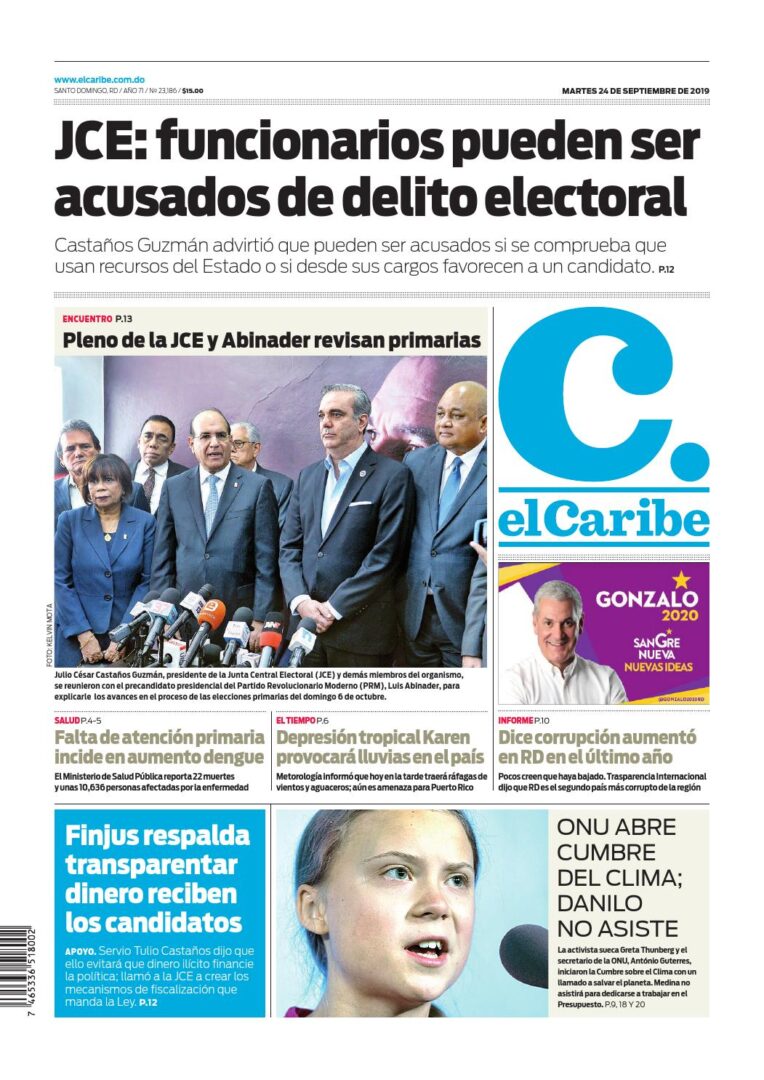 Portada Periódico El Caribe, Martes 24 de Septiembre, 2019