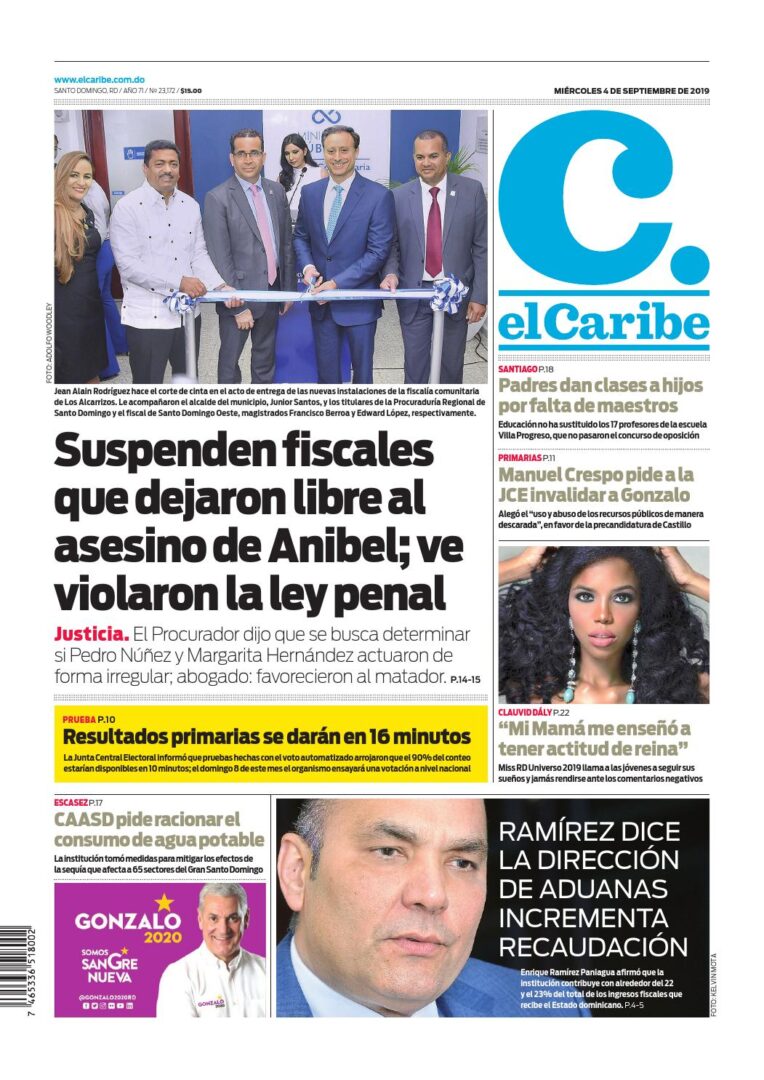 Portada Periódico El Caribe, Miércoles 04 de Septiembre, 2019