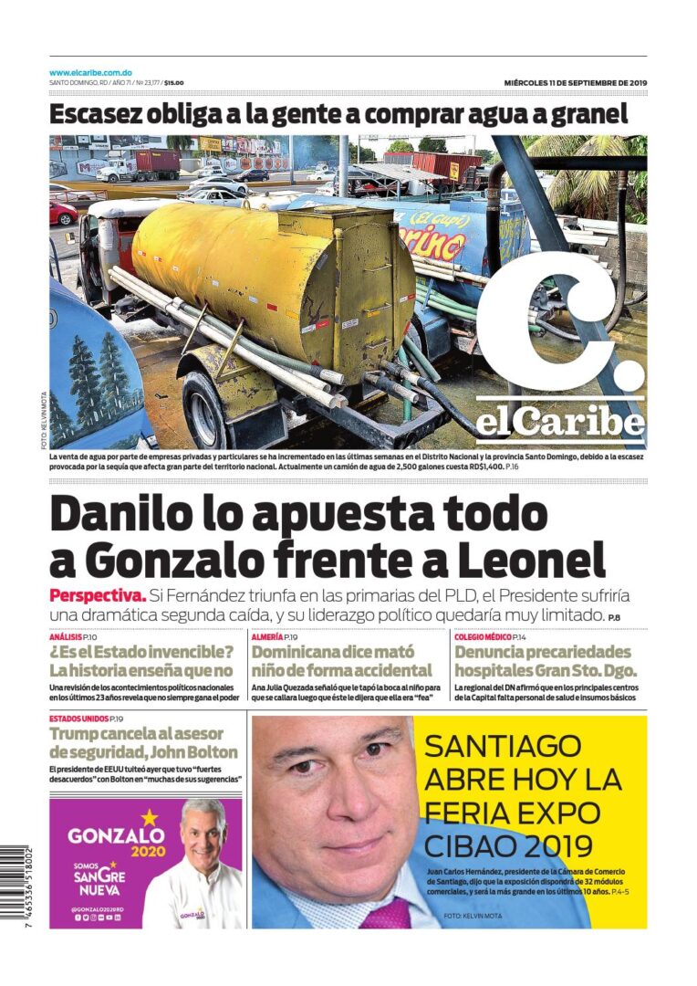 Portada Periódico El Caribe, Miércoles 11 de Septiembre, 2019