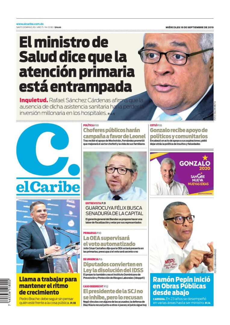 Portada Periódico El Caribe, Miércoles 18 de Septiembre, 2019