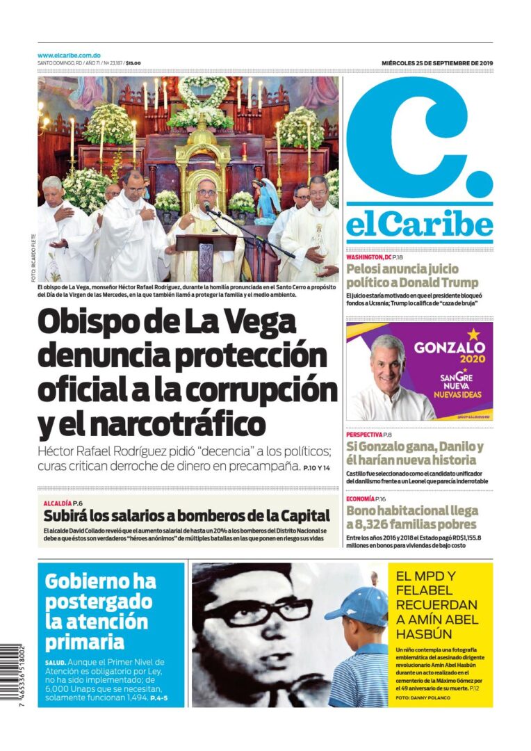 Portada Periódico El Caribe, Miércoles 25 de Septiembre, 2019